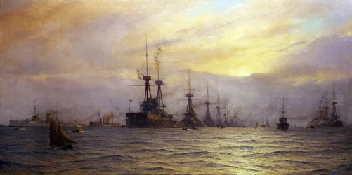 De aankomst van de vloot voor de vlootschouw ter gelegenheid van de kroning van koning George V van het Verenigd Koninkrijk (Verenigd Koninkrijk) (1865-1936), in 1911