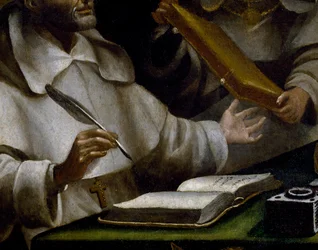 De handen van St. Albert terwijl hij schrijft (detail)