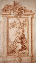 Architectonisch ontwerp met vrouwelijke figuur en putti