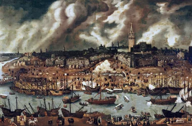 Een expeditie vanuit Sevilla naar Amerika in 1498 (olieverf op doek)