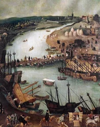 De stad Sevilla. Detail van de haven en handelsactiviteiten, einde 16e eeuw