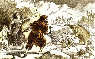 Prehistorie-mammoetjacht. IJstijd: Natuurlijke Creatie en Levensvormen. Tekening door A. Demarle. 1885