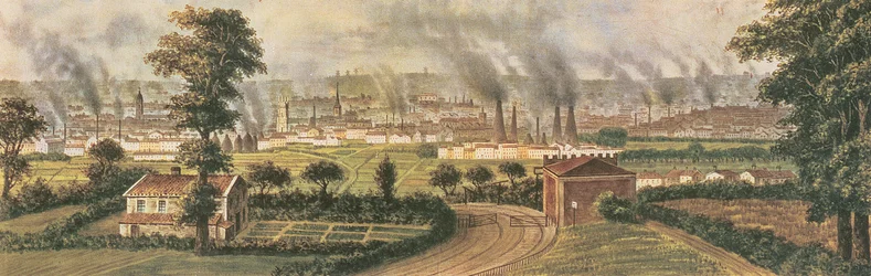 Leeds vanaf Rope Hill, ca. 1840 (kleur litho)