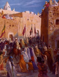 Illustratie van moslim Arabische krijgers die een stad verlaten om op Jihad te gaan