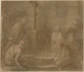 Aan de voet van het kruis (pen en bruine inkt met bruin gewassen over grafiet op geschept papier)