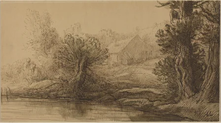 Oever van een rivier (pen en bruine inkt met bruin gewassen op karton)