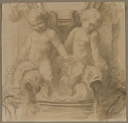 Fontein met putti die op dolfijnen rijden