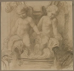 Fontein met putti die op dolfijnen rijden, tweede helft 1800s