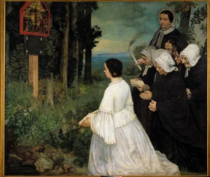 Het ex-voto - Vrouwen (in traditionele Bretonse kostuums?) verzamelen zich voor een ex-voto