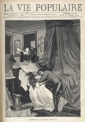 Een wanhopige soldaat omhelst het lijk van een vrouw die in een bed ligt. Illustratie door Alfons Maria Mucha