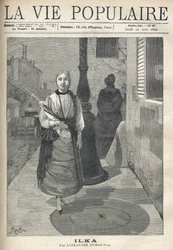 Een eenvoudige en voorname jonge vrouw, met gevlochten haar en een paraplu in de hand, loopt zelfverzekerd over straat. Achter haar vervolgen een in het zwart geklede vrouw en een drager met vaten hun weg. Illustratie van Alfons Maria Mucha (Alphonse