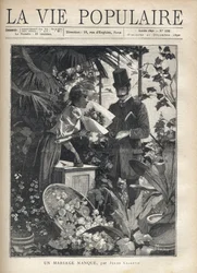 Een elegante man koopt bloemen in een bloemenwinkel. Illustratie door Alfons Maria Mucha