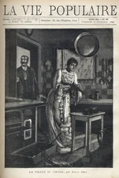 Een elegante vrouw poetst een schoen in de keuken van een huis. Een man opent de deur achter haar. Illustratie door Alfons Maria Mucha