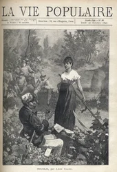 Een oude man leest een brief voor aan een mooie jonge boerin met een zeis. Jagers kijken van een afstand toe. Illustratie door Alfons Maria Mucha