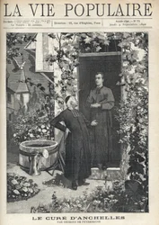Bij de ingang van de pastorie wordt een behandeling gegeven aan een jongere persoon. De tuin is zeer bloeiend, uitgerust met een tank en een gieter, op de achtergrond is de kerktoren van het dorp te zien. Illustratie door Alfons Maria Mucha (Alphonse Marie
