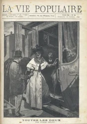 Afscheid tussen een man en een vrouw die op een trein stappen op het perron van een station. Illustratie door Alfons Maria Mucha (Alphonse Marie Mucha)
