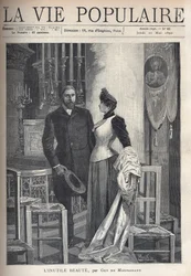 In een kerk staat een mooi en elegant paar op tussen kaarsen en bidt tot God. Illustratie door Alfons Maria Mucha (Alphonse Marie Mucha)