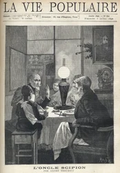 Scène uit het familieleven: rond de eettafel is een familie verzameld, verlicht door een olielamp en luistert aandachtig naar een bezoekende oom, met heldere ogen en hand die de hoogtepunten van zijn verhaal markeert. Illustratie door Alfons Maria Mucha (A