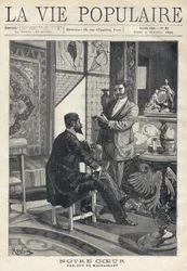 Twee mannen, een zittend en de ander staand, tegenover elkaar en in gesprek, roken sigaretten in een rijkelijk versierde woonkamer (glas-in-loodramen, meubels, kunstvoorwerpen). Illustratie door Alfons Maria Mucha