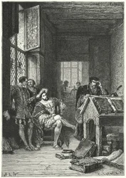 Francis I van Frankrijk met de drukker en geleerde Robert Estienne