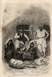 Bulgaarse arbeiders, nabij Sophia, gravure naar de tekening van A. De Neuville, ter illustratie van de reis naar Bulgarije, door Guillaume Lejean, in 1867, gepubliceerd in 