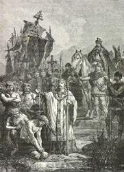 Karel de Grote legt in 804 de Saksen de christelijke doop op (gravure)