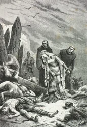 Edith met zwanenhals vindt het lichaam van koning Harold op het slagveld van Hastings in 1066 (Gravure)
