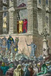 Enguerrand de Marigny wordt terechtgesteld aan de galg in Montfaucon in 1315 (Gravure)