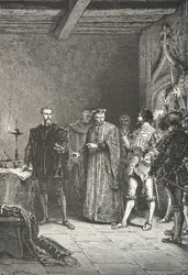 Jean de La Barre informeert Louis de Berquin over zijn vrijlating uit de conciergerie (Gravure)