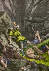De ridder Roland blaast op zijn hoorn bij Roncesvalles in 778 (gravure)
