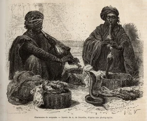 Les charmeurs de serpents, die handelen in reptielen, die ze aantrekken door in hun toumril (fluit) te blazen, gravure naar de tekening van A. de Neuville, ter illustratie van de reis naar India van de Rajahs, in 1864-1868, door Louis Rousselet, gepublicee