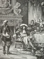 Willem 3 van Oranje Nassau verneemt van de erkenning van koning James 3 van Engeland door Lodewijk 14 (gravure)
