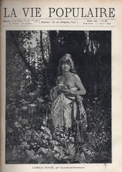 Een naakte jonge vrouw, staand en met verward haar, die haar lichaam met een deken bedekt, omringd door planten en bomen die een smeedijzeren hek verbergen. Illustratie door Alfons Maria Mucha (Alphonse Marie Mucha)