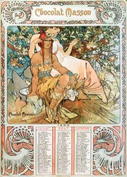 Kalenderpagina van het jaar 1898 met een reclame-illustratie door Alphonse Mucha voor de chocolades Masson