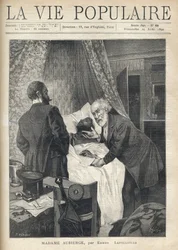 Twee mannen buigen zich over een bed om de dood van een man te zien. Bij de deur kijken andere mannen naar de scène. Illustratie door Alfons Maria Mucha (Alphonse Marie Mucha)