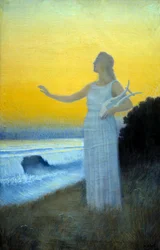 Hymne aan de zee. Jonge vrouw met een lier, naar de zee gekeerd. Figuur die de Griekse dichteres uit de oudheid Sappho oproept. Schilderij van Alphonse Osbert (1857-1939), 1900, privécollectie