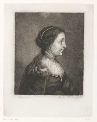 Borstbeeld van een vrouw met parels in het haar