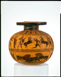 Terracotta aryballos (oliefles), ca. 550 v.Chr.