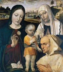 Madonna en Kind, Sint Catharina van Siena en een Kartuizer Monnik, ca. 1490