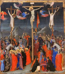 De kruisiging - Aan de zijkanten, voorstelling van de goede moordenaar, ook Sint-Dismas genoemd (of Dysmas, Dimas, Dumas), en de slechte moordenaar (Gesmas of Gestas), twee moordenaars gekruisigd met Jezus Christus - Opschrift INRI (I N R I) op het kruis