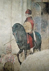 Allegorie van slecht bestuur, detail van een gewapende ruiter