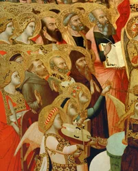 Detail van een altaar: Heiligen en engelen aanbidden Christus ...