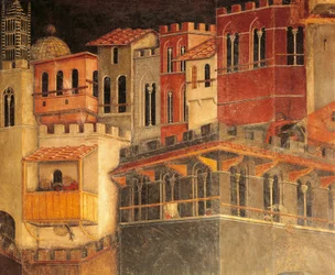Effecten van goed bestuur in de stad, huizen, detail uit Allegorie en effecten van goed en slecht bestuur in stad en land door Ambrogio Lorenzetti