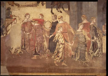 Effecten van Goed Bestuur in de Stad, detail van dansers en tamboerijnspelers, 1338-40