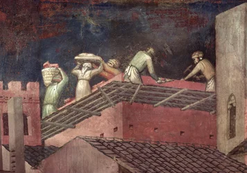 Effecten van Goed Bestuur in de Stad, detail (bouwvakkers die een huis bouwen)