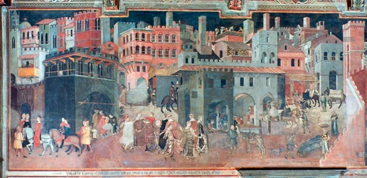 Effecten van goed bestuur op het stadsleven, detail, ca. 1330