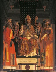 Italië, Lombardije, Pavia Charterhouse (Certosa), vijfde kapel aan de rechterkant, altaarstuk met Sint Syrus op de troon door Ambrogio da Fossano bekend als ("il Bergognone")