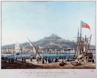 Zicht op de haven van Marseille onder de Restauratie Aquarel door Ambroise Louis Garneray (1783-1857) 19e eeuw Marseille, Musee de la Marine