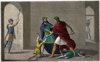 Childebert I laat Clotaire de kinderen van hun broer Clodomir, koning van Orléans, afslachten, wiens staten ze delen. Ontworpen en gegraveerd door Ambroise Tardieu in 1825
