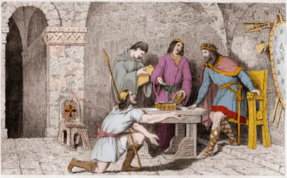 Childeric I (d481) en het Verhaal van de Twee Helften van de Gouden Munt - Childeric I, voordat hij Frankrijk verliet, had de helft van een gouden munt genomen, de andere helft had hij aan Guyeman gegeven - Ongeveer zes tot acht jaar later, zag Guyeman, de